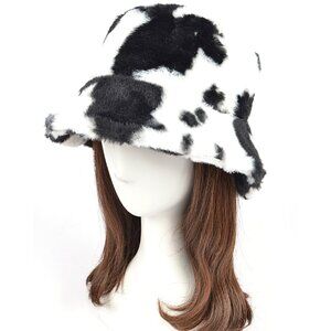 BNWT Brand New Cow Print Faux Fur Plushy Bucket Hat